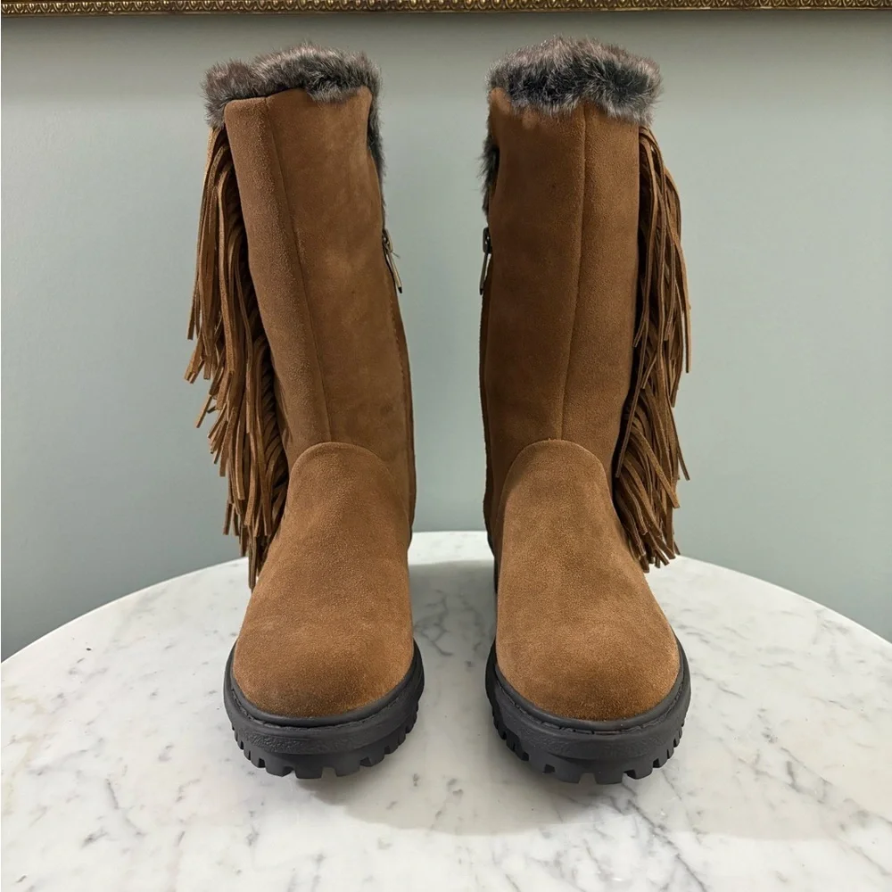Sam Edelman Tilden Faux Fur Fringe Boots – Chestnut Suede w/ Snakeskin Trim